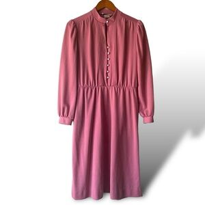 Vintage 70s Pink Pleated Midi Dress by Sunshine Alley M Long Sleeve